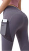 Gray leggings with a pocket and phone holder, worn by a person, on a light gray background.